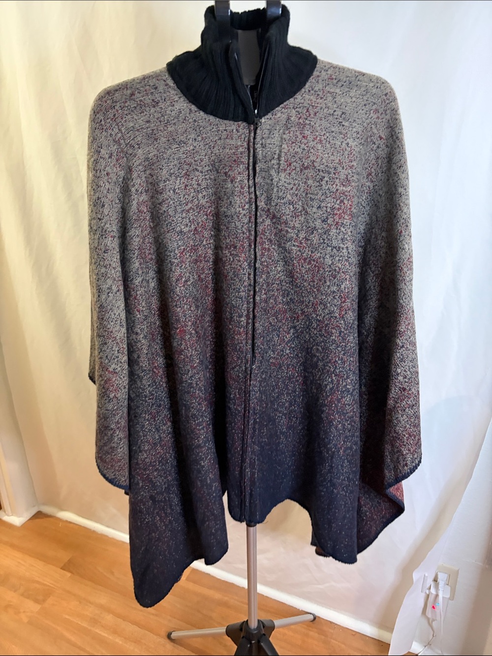 Zip-Front Ombre Knit Cape Poncho - Black/Grey with Red Speckle